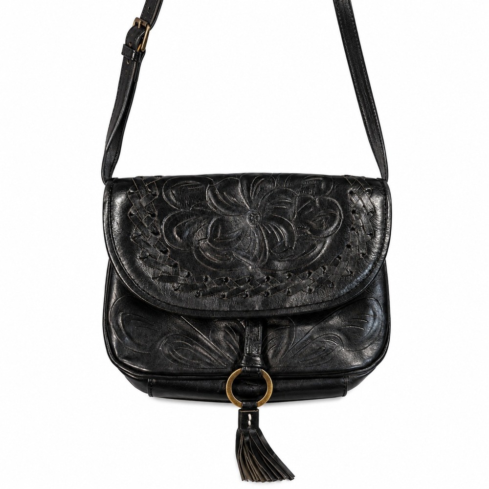 Leaders in Leather Tooled Crossbody Black Floral Embossed Boho Tassel Bag Purse